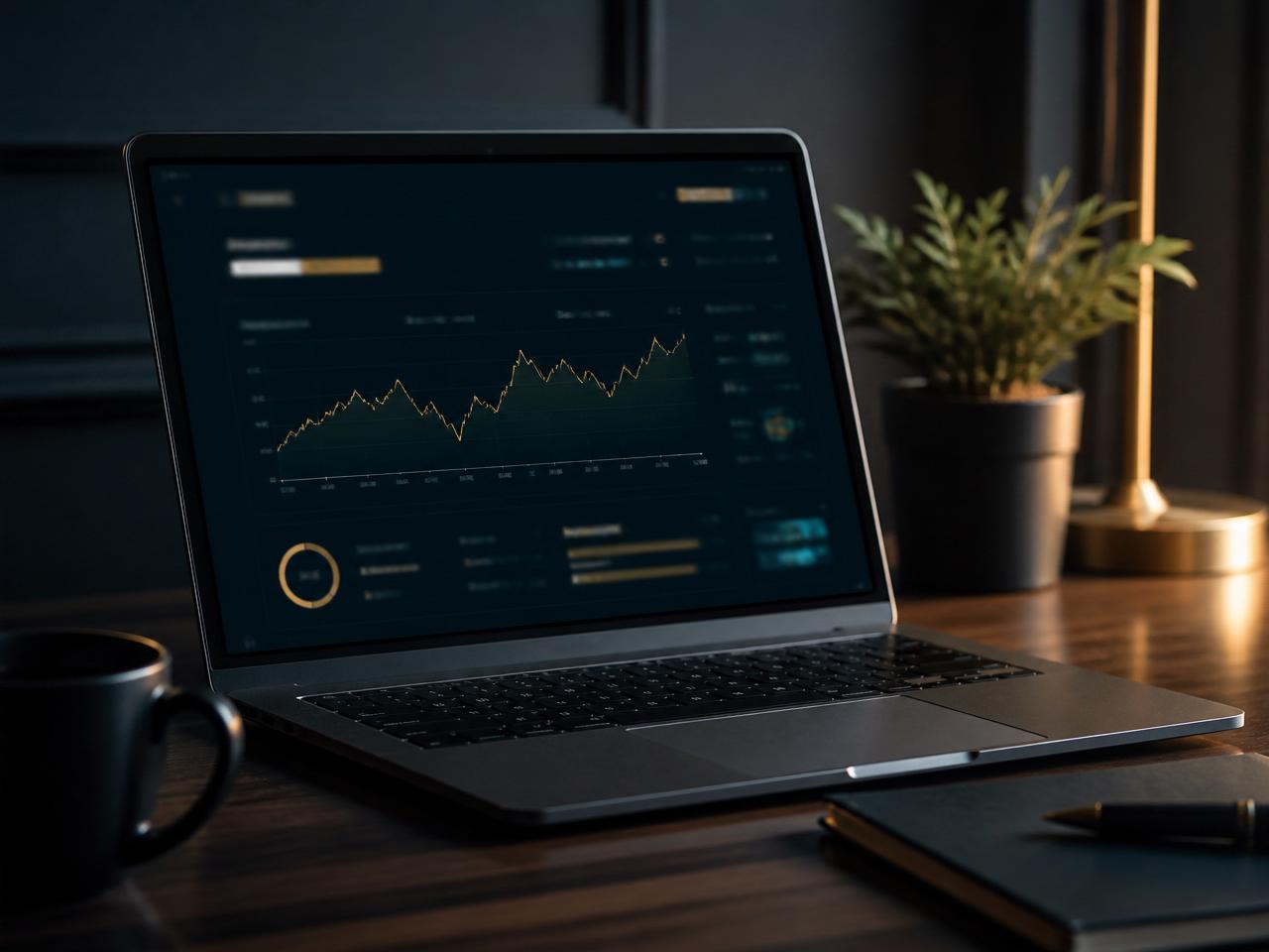 Laptop su scrivania elegante con dashboard analitica scura