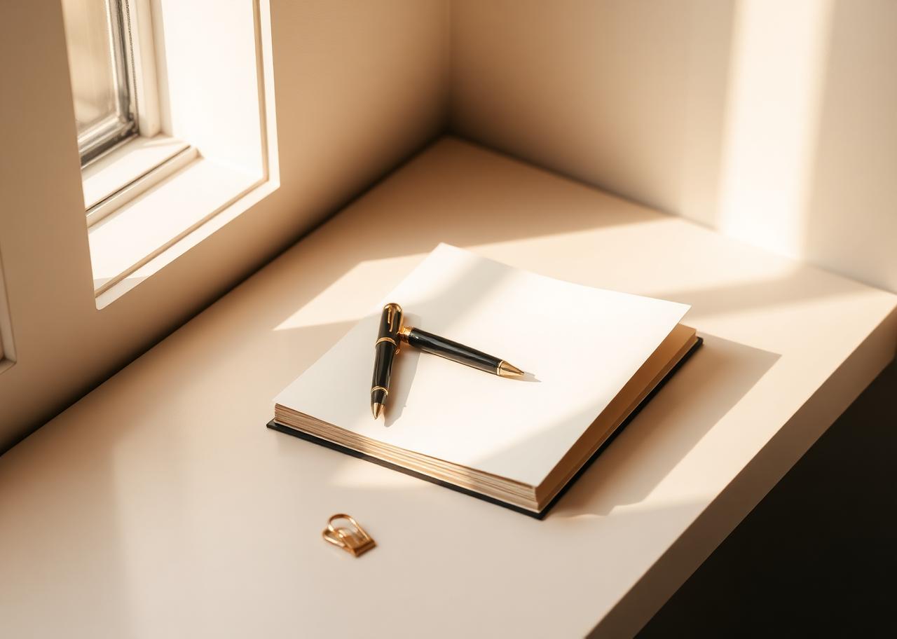 Dettaglio elegante di una scrivania con tazza, libro e luce naturale